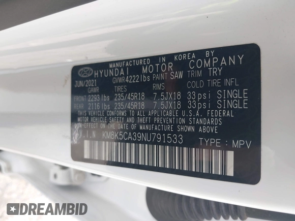 2022 Hyundai Kona Limited with VIN KM8K5CA39NU791533, listed as a IAAI auction lot 41738274 with 50,379 mi miles. Bid and sale history available at carsss.com. Image 9.