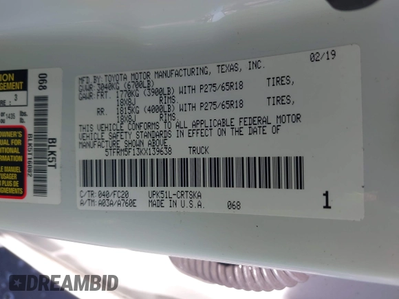 2019 Toyota Tundra SR with VIN 5TFRM5F13KX139638, listed as a IAAI auction lot 42682170 with 112,278 mi miles and . Bid and sale history available at DreamBid. Image 9.