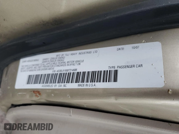 2008 Subaru Legacy Special with VIN 4S3BL616987214686, listed as a Copart auction lot 61246465 with 217,963 mi miles and Salvage title. Bid and sale history available at DreamBid. Image 12.