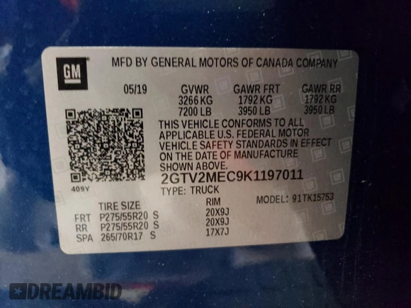 2019 GMC Sierra 1500 Limited SLE with VIN 2GTV2MEC9K1197011, listed as a Copart auction lot 78139294 with 50,660 mi miles and Salvage Title. Bid and sale history available at carsss.com. Image 12.