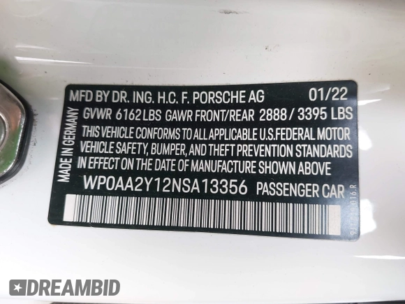 2022 Porsche Taycan with VIN WP0AA2Y12NSA13356, listed as a IAAI auction lot 42083009 with Not provided miles and . Bid and sale history available at DreamBid. Image 9.