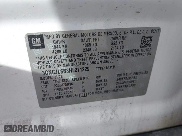 2017 Chevrolet Trax LT with VIN 3GNCJLSB3HL271229, listed as a IAAI auction lot 42011903 with 140,465 mi miles. Bid and sale history available at carsss.com. Image 9.