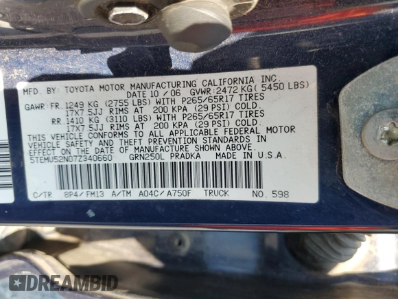 2007 Toyota Tacoma with VIN 5TEMU52N07Z340660, listed as a Copart auction lot 60367795 with 194,719 mi miles and Salvage title. Bid and sale history available at DreamBid. Image 12.