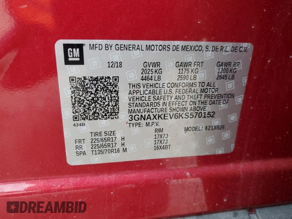 2019 Chevrolet Equinox LT with VIN 3GNAXKEV6KS570152, listed as a Copart auction lot 43752385 with 80,144 mi miles and Salvage Title. Bid and sale history available at DreamBid. Image 14.