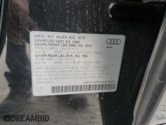 2016 Audi Q5 Premium Plus with VIN WA1L2AFP2GA070888, listed as a Copart auction lot 53968325 with 101,719 mi miles and Non repairable. Bid and sale history available at DreamBid. Image 13.