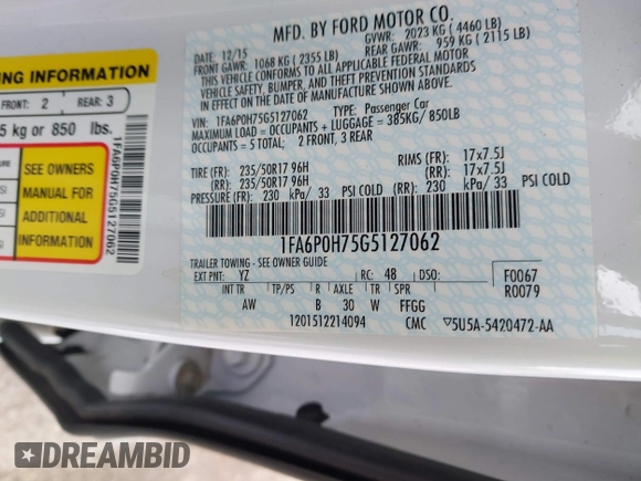 2016 Ford Fusion SE with VIN 1FA6P0H75G5127062, listed as a IAAI auction lot 42012696 with 169,489 mi miles and . Bid and sale history available at carsss.com. Image 9.