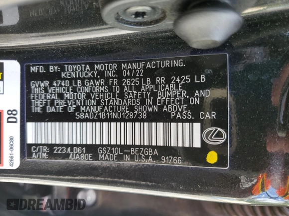 2022 Lexus ES 350 with VIN 58ADZ1B11NU128738, listed as a Copart auction lot 56295765 with 64,606 mi miles and Salvage title. Bid and sale history available at DreamBid. Image 12.