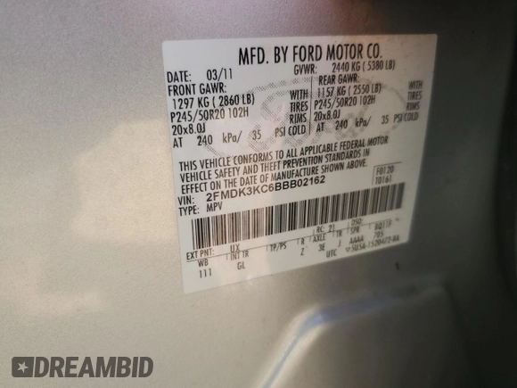 2011 Ford Edge Limited with VIN 2FMDK3KC6BBB02162, listed as a Copart auction lot 61258175 with 120,515 mi miles and Salvage title. Bid and sale history available at DreamBid. Image 13.