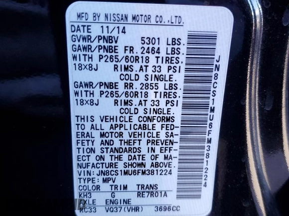 2015 Infiniti QX70 z VIN JN8CS1MU6FM381224, wystawiony jako Copart lot #44370405 z przebiegiem 90 195 mil mil oraz Szkoda całkowita • Salvage title. Historia ofert i sprzedaży dostępna na DreamBid. Obrazek 16.