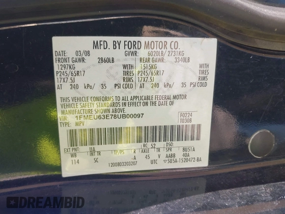 2008 Ford Explorer XLT with VIN 1FMEU63E78UB00097, listed as a IAAI auction lot 41995640 with 153,992 mi miles and . Bid and sale history available at DreamBid. Image 9.