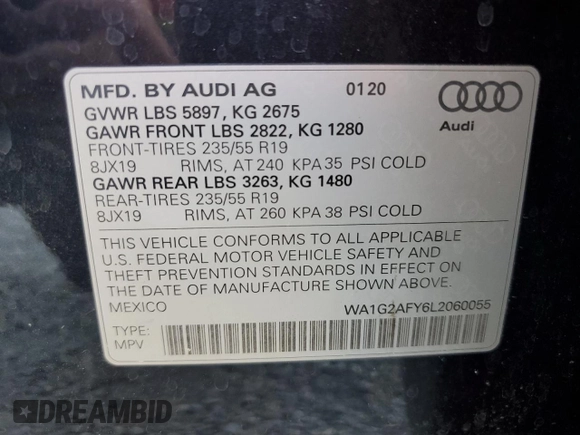 2020 Audi Q5 Premium with VIN WA1G2AFY6L2060055, listed as a Copart auction lot 83662284 with 61,798 mi miles and Salvage Title. Bid and sale history available at carsss.com. Image 13.