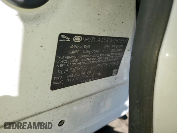2020 Jaguar XF with VIN SAJBK4FX5LCY83189, listed as a Copart auction lot 47602005 with 10,708 mi miles and Salvage Title. Bid and sale history available at DreamBid. Image 13.