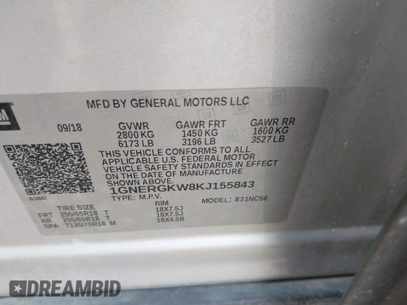 2019 Chevrolet Traverse LT Cloth with VIN 1GNERGKW8KJ155843, listed as a IAAI auction lot 41924094 with Not provided miles and . Bid and sale history available at DreamBid. Image 9.