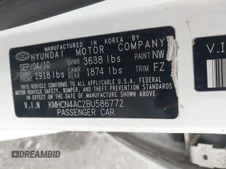 2011 Hyundai Accent GLS with VIN KMHCN4AC2BU586772, listed as a IAAI auction lot 42184751 with 236,666 mi miles and . Bid and sale history available at DreamBid. Image 9.
