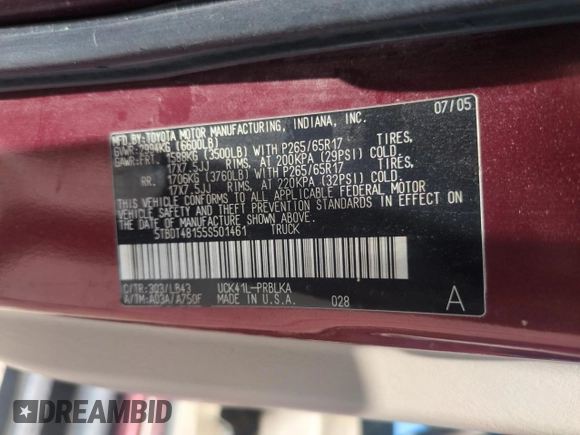 2005 Toyota Tundra Limited с VIN 5TBDT48155S501461, выставлен на аукционе Copart как лот 56884405 с пробегом 190 266 миль миль и Списание • Salvage title. История ставок и продаж доступна на DreamBid. Изображение 12.