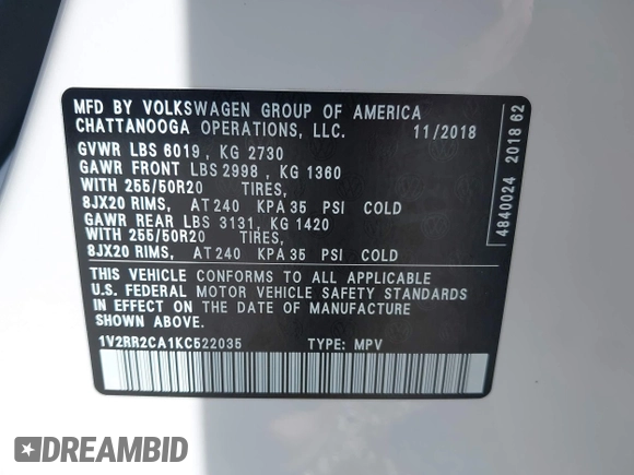 2019 Volkswagen Atlas SEL R-Line with VIN 1V2RR2CA1KC522035, listed as a IAAI auction lot 41939096 with 43,062 mi miles and . Bid and sale history available at DreamBid. Image 9.