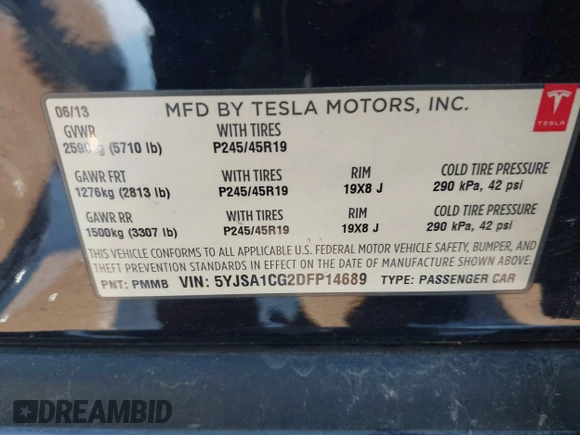 2013 Tesla Model S with VIN 5YJSA1CG2DFP14689, listed as a IAAI auction lot 41648508 with 98,578 mi miles and . Bid and sale history available at carsss.com. Image 9.