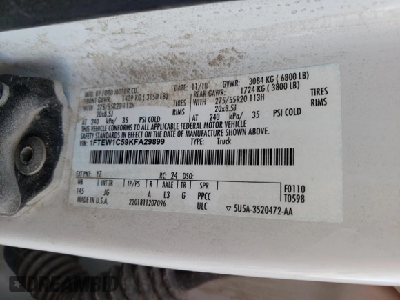 2019 Ford F-150 XL with VIN 1FTEW1C59KFA29899, listed as a Copart auction lot 86341014 with Not Provided miles and Non Repairable. Bid and sale history available at DreamBid. Image 12.