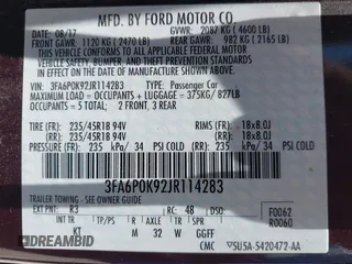 2018 Ford Fusion Titanium with VIN 3FA6P0K92JR114283, listed as a IAAI auction lot 42704476 with 92,502 mi miles and . Bid and sale history available at DreamBid. Image 9.