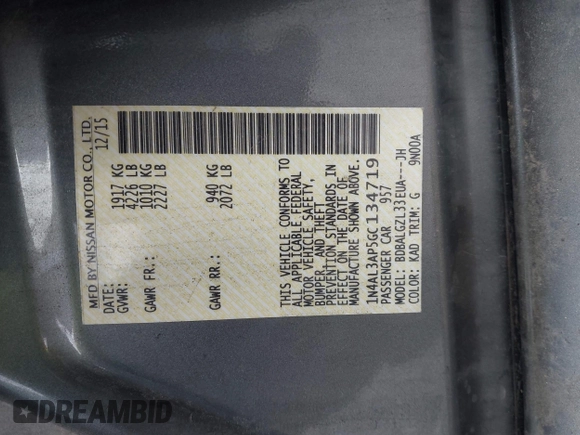 2016 Nissan Altima S with VIN 1N4AL3AP5GC134719, listed as a IAAI auction lot 41982838 with 88,599 mi miles and . Bid and sale history available at DreamBid. Image 9.