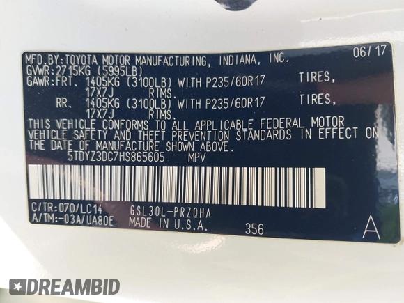 2017 Toyota Sienna XLE Auto Access Seat with VIN 5TDYZ3DC7HS865605, listed as a IAAI auction lot 42027590 with 152,599 mi miles and . Bid and sale history available at DreamBid. Image 9.