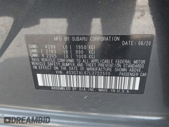 2020 Subaru Impreza Special Sports with VIN 4S3GTAL67L3722550, listed as a IAAI auction lot 41147015 with 42,464 mi miles and . Bid and sale history available at DreamBid. Image 9.