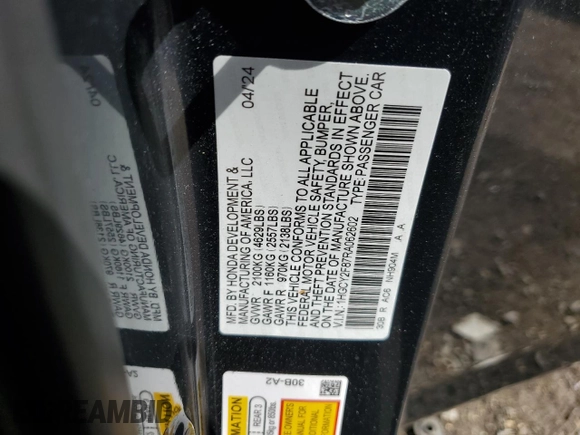 2024 Honda Accord Touring with VIN 1HGCY2F87RA062602, listed as a Copart auction lot 44787915 with 5,236 mi miles and Salvage title. Bid and sale history available at DreamBid. Image 13.