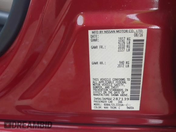 2016 Nissan Altima SV with VIN 1N4AL3AP6GC287139, listed as a IAAI auction lot 40699745 with 54,675 mi miles and . Bid and sale history available at DreamBid. Image 9.