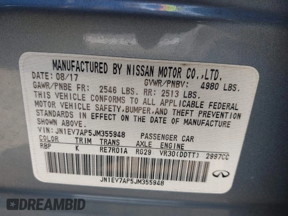2018 Infiniti Q50 Sport with VIN JN1EV7AP5JM355948, listed as a IAAI auction lot 41872081 with 68,178 mi miles and . Bid and sale history available at carsss.com. Image 9.