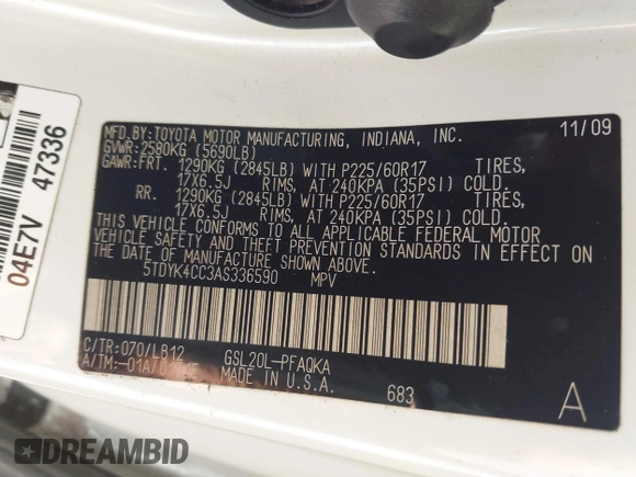2010 Toyota Sienna XLE with VIN 5TDYK4CC3AS336590, listed as a IAAI auction lot 41798194 with 230,707 mi miles. Bid and sale history available at carsss.com. Image 9.