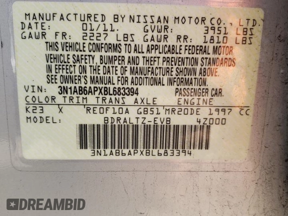 2011 Nissan Sentra SR with VIN 3N1AB6APXBL683394, listed as a Copart auction lot 52310345 with Not Provided miles and Salvage Title. Bid and sale history available at DreamBid. Image 12.