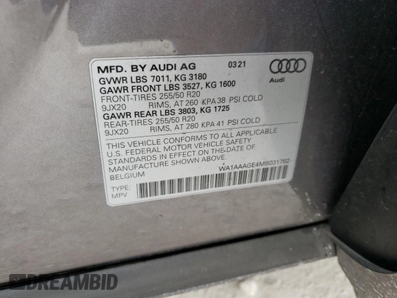 2021 Audi e-tron Premium z VIN WA1AAAGE4MB031782, wystawiony jako Copart lot #65578012 z przebiegiem 21 981 mil mil oraz . Historia ofert i sprzedaży dostępna na DreamBid. Obrazek 10.