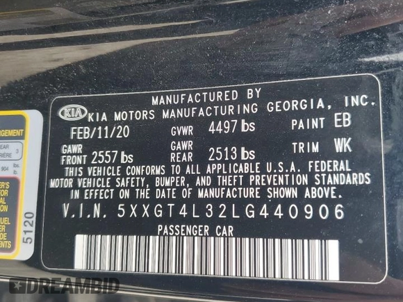 2020 Kia Optima LX with VIN 5XXGT4L32LG440906, listed as a Copart auction lot 57286405 with 106,021 mi miles and Salvage title. Bid and sale history available at DreamBid. Image 12.