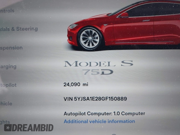 2016 Tesla Model S 90D with VIN 5YJSA1E28GF150889, listed as a IAAI auction lot 41958931 with 24,090 mi miles and . Bid and sale history available at DreamBid. Image 7.