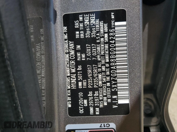 2011 Hyundai Santa Fe GLS z VIN 5XYZGDAB8BG004286, wystawiony jako Copart lot #59629975 z przebiegiem 159 622 mil mil oraz Szkoda całkowita • Salvage title. Historia ofert i sprzedaży dostępna na DreamBid. Obrazek 13.