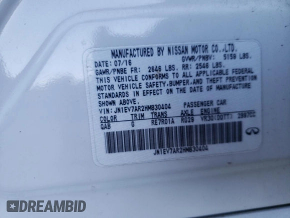 2017 Infiniti Q50 Premium with VIN JN1EV7AR2HM830404, listed as a Copart auction lot 57874785 with 104,369 mi miles and Salvage title. Bid and sale history available at DreamBid. Image 12.