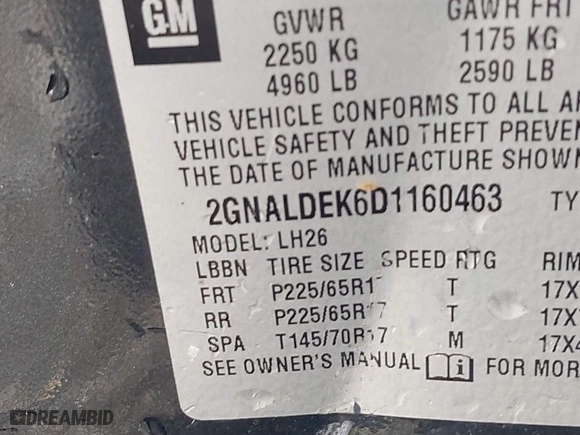 2013 Chevrolet Equinox LT with VIN 2GNALDEK6D1160463, listed as a IAAI auction lot 40858511 with 103,613 mi miles. Bid and sale history available at carsss.com. Image 9.