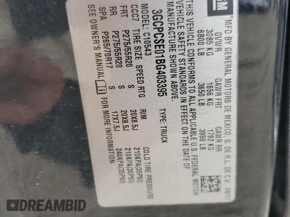2011 Chevrolet Silverado 1500 LT with VIN 3GCPCSE01BG403395, listed as a Copart auction lot 84087854 with Not Provided miles and Salvage Title. Bid and sale history available at DreamBid. Image 12.