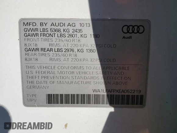 2014 Audi Q5 Premium Plus with VIN WA1LFAFPXEA052219, listed as a Copart auction lot 81892424 with 79,771 mi miles and Salvage title. Bid and sale history available at DreamBid. Image 13.