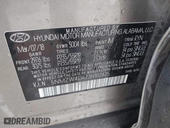 2018 Hyundai Santa Fe Ultimate с VIN 5NMZW4LA7JH102625, выставлен на аукционе IAAI как лот 41531813 с пробегом 65 533 миль миль и . История ставок и продаж доступна на DreamBid. Изображение 9.