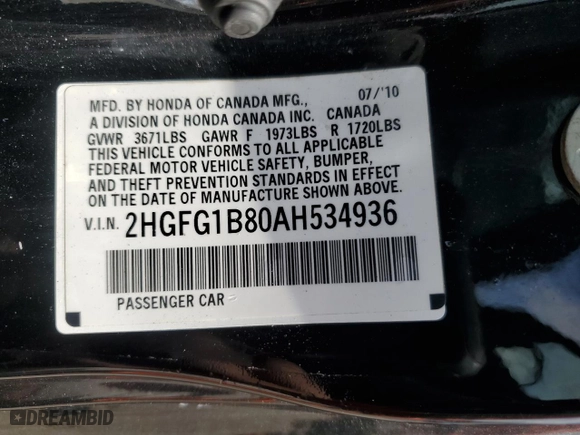2010 Honda Civic Cpe EX with VIN 2HGFG1B80AH534936, listed as a Copart auction lot 51505095 with 110,748 mi miles and Salvage Title. Bid and sale history available at carsss.com. Image 12.