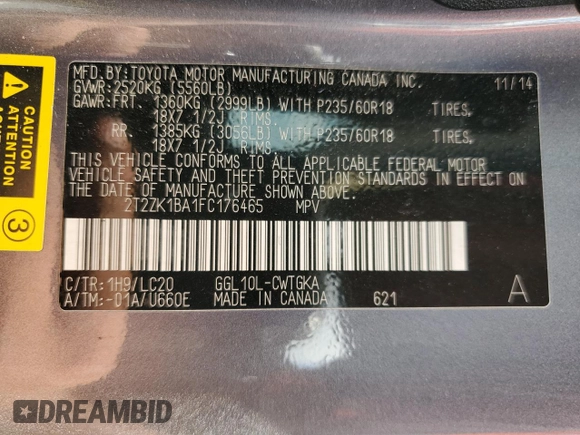 2015 Lexus RX 350 with VIN 2T2ZK1BA1FC176465, listed as a Copart auction lot 57111575 with Not provided miles and Salvage title. Bid and sale history available at DreamBid. Image 13.