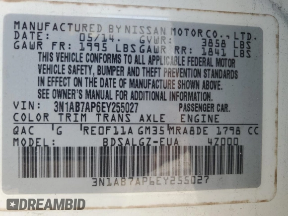 2014 Nissan Sentra SV with VIN 3N1AB7AP6EY255027, listed as a Copart auction lot 62513685 with 131,431 mi miles and Salvage title. Bid and sale history available at DreamBid. Image 12.