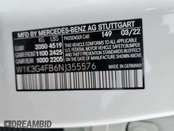 2022 Mercedes-Benz A 220 with VIN W1K3G4FB6NJ355576, listed as a Copart auction lot 41506835 with 24,954 mi miles and Salvage Title. Bid and sale history available at DreamBid. Image 12.