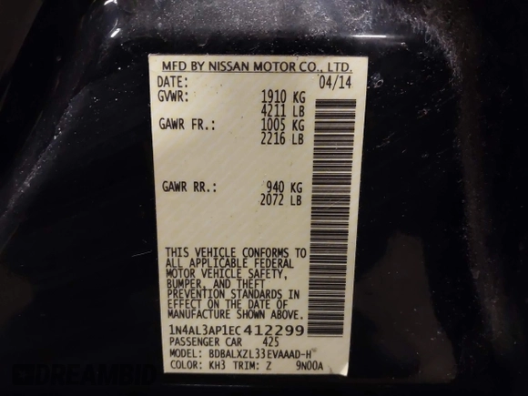 2014 Nissan Altima SL with VIN 1N4AL3AP1EC412299, listed as a IAAI auction lot 41684372 with 84,737 mi miles and . Bid and sale history available at DreamBid. Image 9.