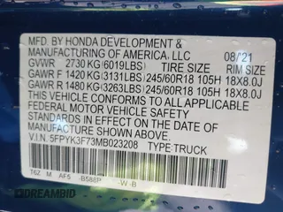 2021 Honda Ridgeline RTL-E с VIN 5FPYK3F73MB023208, выставлен на аукционе IAAI как лот 41806911 с пробегом 25 451 миль миль и . История ставок и продаж доступна на DreamBid. Изображение 9.