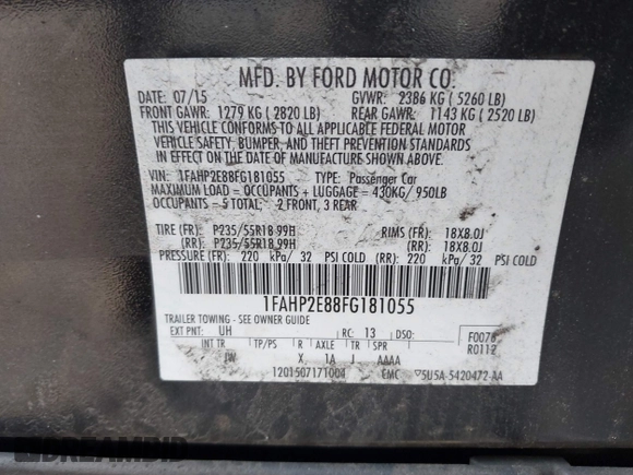 2015 Ford Taurus SEL with VIN 1FAHP2E88FG181055, listed as a IAAI auction lot 42307640 with 104,702 mi miles and . Bid and sale history available at DreamBid. Image 9.