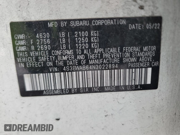 2022 Subaru Legacy с VIN 4S3BWAB64N3022894, выставлен на аукционе Copart как лот 89019155 с пробегом 66 134 миль миль и Списание • Salvage title. История ставок и продаж доступна на DreamBid. Изображение 12.
