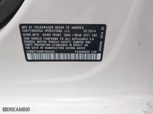 2015 Volkswagen Passat 1.8T SE w/Sunroof & Nav with VIN 1VWBT7A36FC004222, listed as a IAAI auction lot 41491694 with 175,312 mi miles. Bid and sale history available at carsss.com. Image 9.