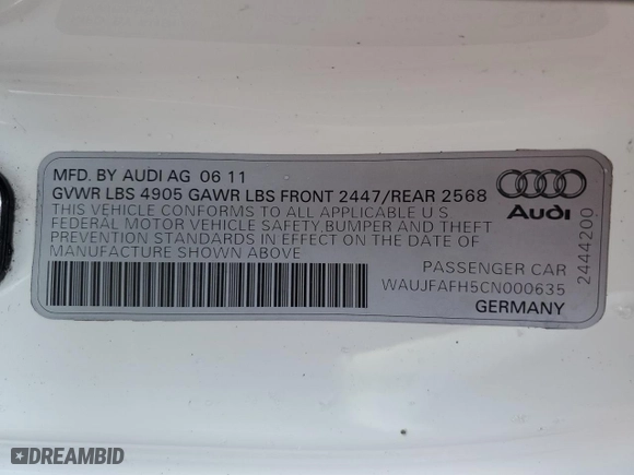 2012 Audi A5 2.0T Premium Plus with VIN WAUJFAFH5CN000635, listed as a Copart auction lot 43151545 with 97,144 mi miles and Salvage Title. Bid and sale history available at carsss.com. Image 13.